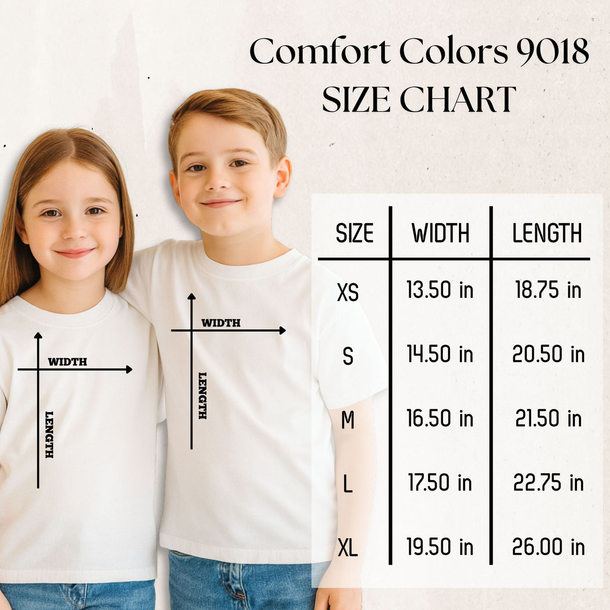 Comfort Colors 9018 youth t-shirt size chart showing width and length measurements. XS: 13.50in width, 18.75in length. S: 14.50in, 20.50in. M: 16.50in, 21.50in. L: 17.50in, 22.75in. XL: 19.50in, 26.00in. Two children shown wearing white tees to illustrate fit.