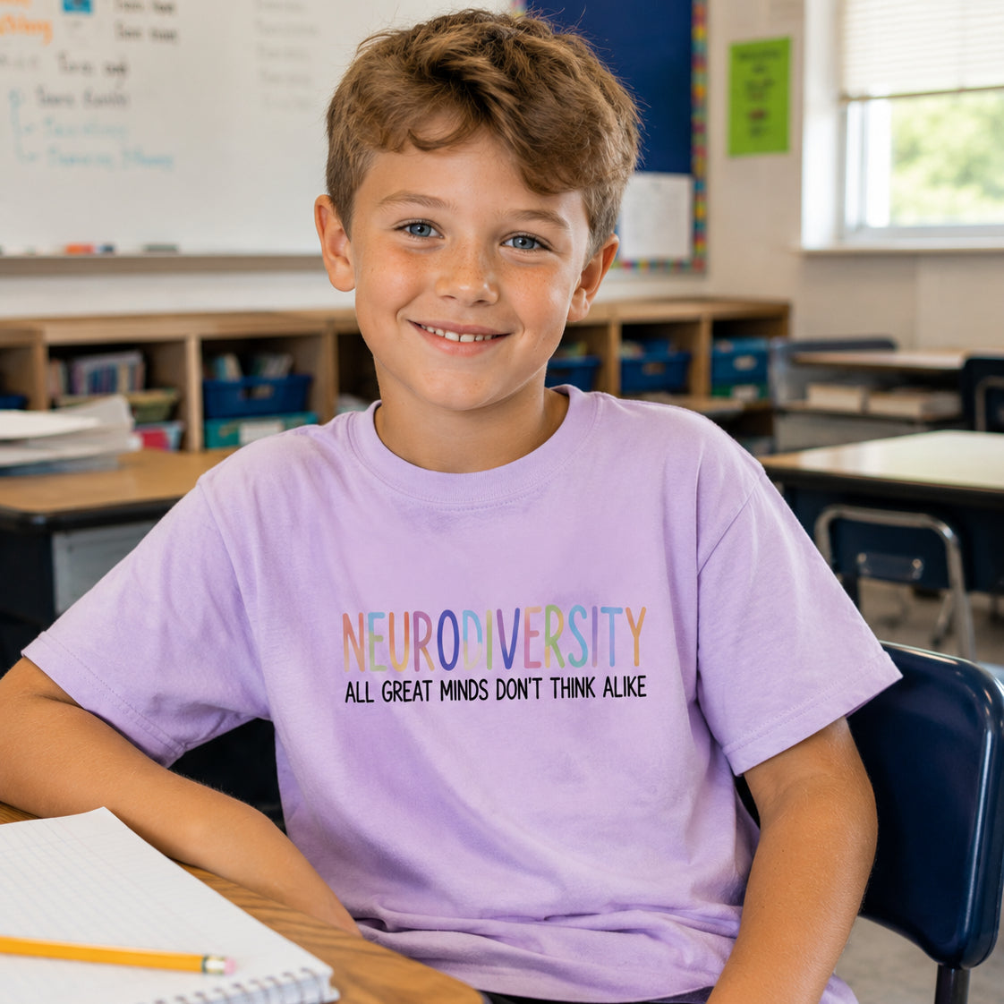 A smiling young boy sits at a desk in a classroom wearing a lavender t-shirt with the text 'NEURODIVERSITY ALL GREAT MINDS DON'T THINK ALIKE' printed in rainbow colors and black.
