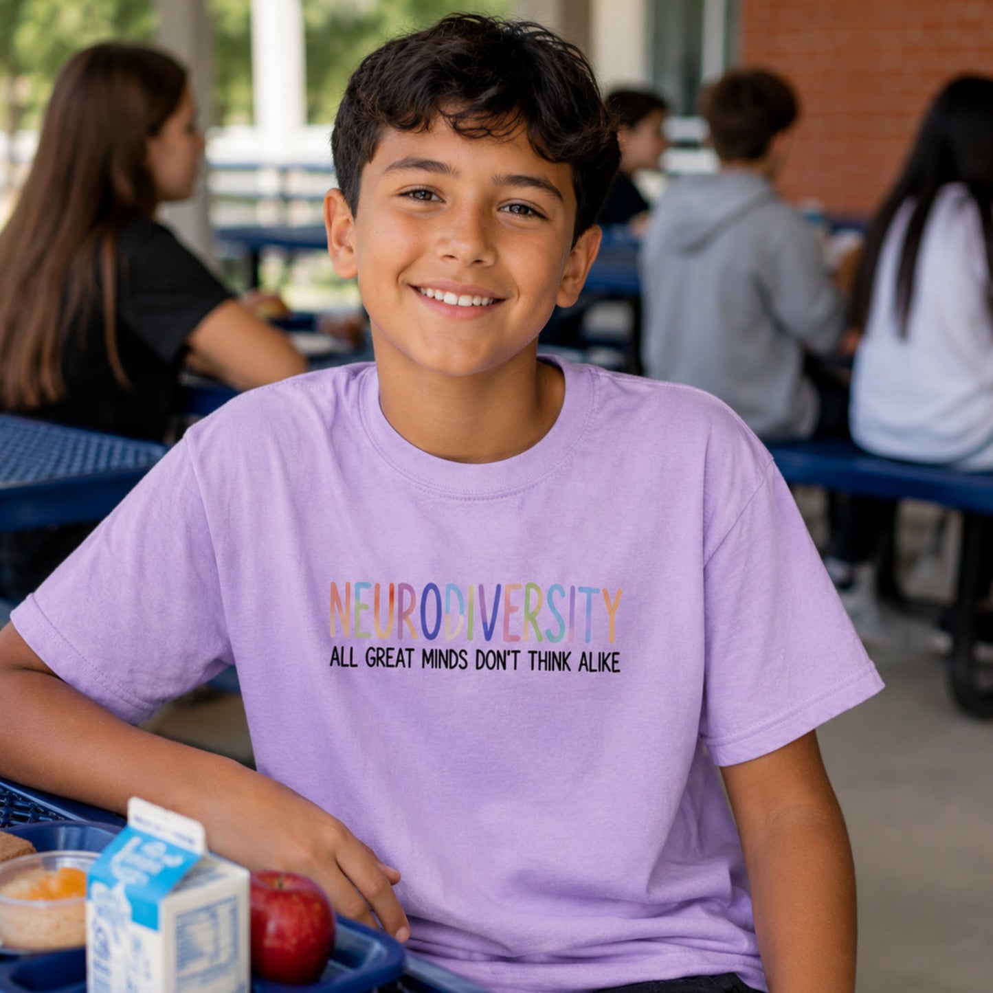 A smiling young man wearing a light purple t-shirt with the text 'NEURODIVERSITY ALL GREAT MINDS DON'T THINK ALIKE' sits at a blue metal cafeteria table with a lunch tray, apple, and milk carton in a school outdoor setting.