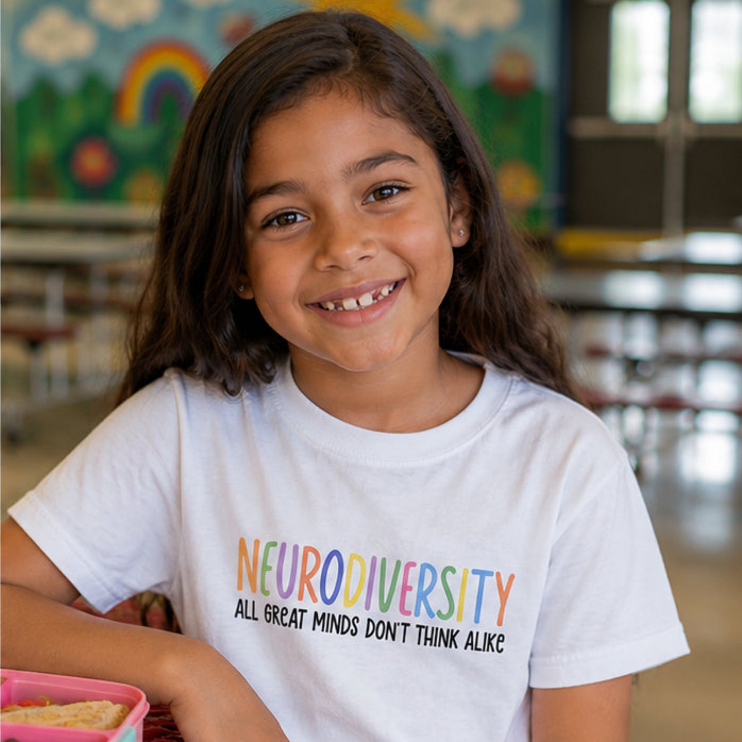 A smiling young girl with dark hair sits at a red table in a school cafeteria, wearing a white graphic t-shirt that reads 'NEURODIVERSITY ALL GREAT MINDS DON'T THINK ALIKE' in rainbow-colored letters, paired with blue jeans.