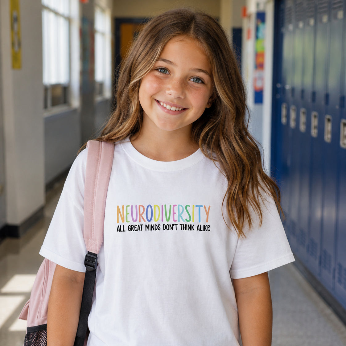 A young girl with long brown hair stands in a school hallway wearing a white graphic t-shirt that reads 'NEURODIVERSITY ALL GREAT MINDS DON'T THINK ALIKE' in rainbow and black lettering. She has a pink backpack on her shoulder and is wearing blue jeans.