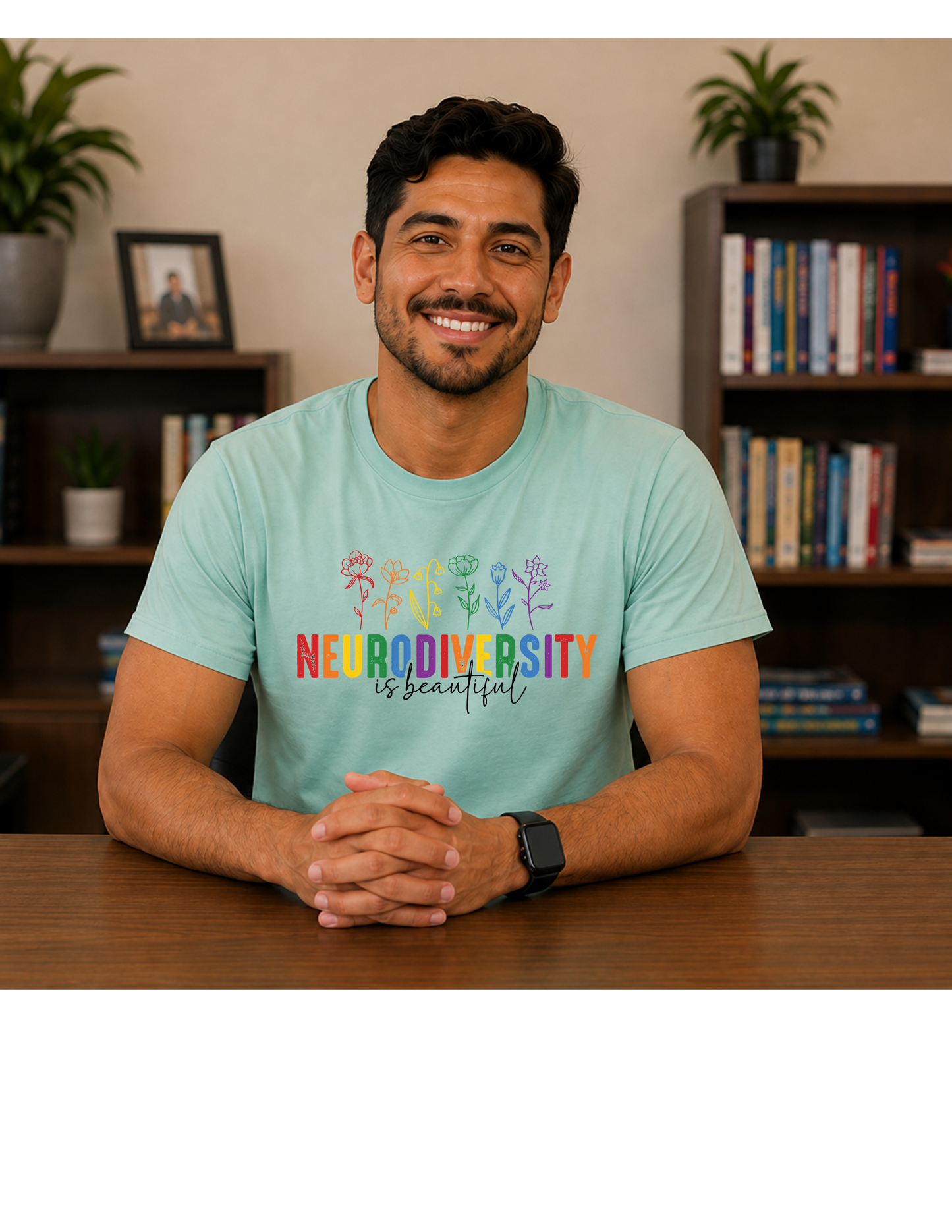 A smiling man sits at a wooden desk wearing a light aqua t-shirt with a colorful 'NEURODIVERSITY is beautiful' graphic. The background shows a cozy, book-filled room with shelves and potted plants.